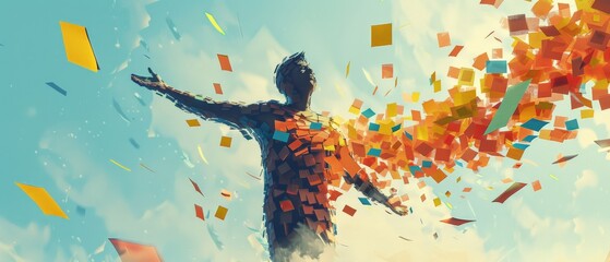 man stands with open arms and the notes fly into him he tries to absorb all the knowledge from the notes 