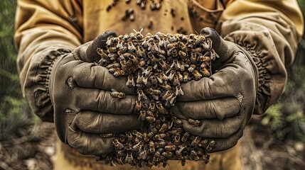 Beekeepers hands holding frame covered with bees and brood, hand protection, home production. Beauty of nature, close up, beekeeping, agriculture, natural products. Generative by AI.