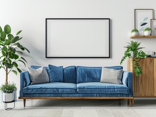 A living room with a blue couch and a wooden cabinet