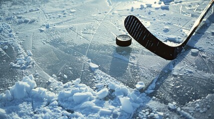Close up hockey stick and puck. Sports supplies, recreation, timeout, hobby, hockey, ice rink, collision, blur, realistic style, composition, rivalry, match. Generative by AI.