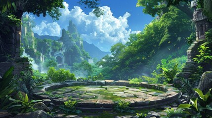 A circular stone platform beckons exploration. The whispers of the enchanted forest fill the air, while the shadows cast by ancient ruins in the distance promise a place of wonder and mystery