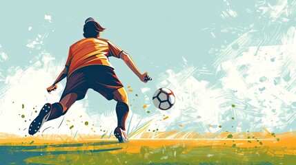 Football striker taking penalty kick. Football, game, football field, lawn, drawn style, dribbling, lower angle, soccer ball, match, competition. Leisure concept. Generative by AI.