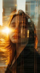 A powerful female leader captured in a double exposure. The city skyline shimmers in the golden light of sunset, reflected in a glass window. Sunlight filters