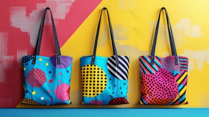Three colorful tote bags with bold, geometric patterns hanging on a vibrant, multicolored...