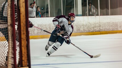 Obraz premium Hockey player at goal is waiting for pass with goal of scoring. Competition, hockey, ice rink, collision, realistic style, puck, stick, traumatic sport, rivalry, match. Generative by AI.