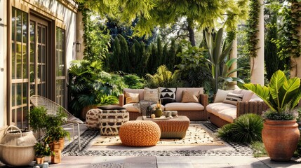 A charming outdoor patio with comfortable seating, earth-tone cushions, and lush green plants