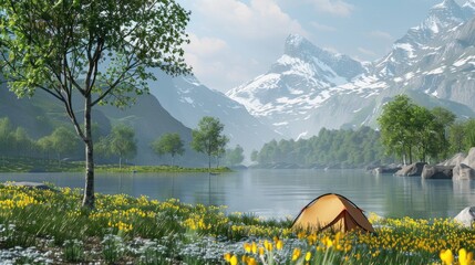 Travel and camping adventure lifestyle with outdoor tent. Springtime camping beside the lake and mountain