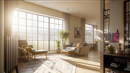 Natural light in a large interior of an aristocratic house, spacious and open room