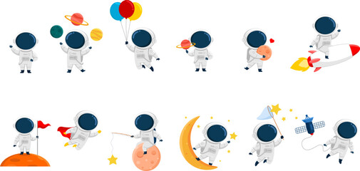 Cute Astronaut Cartoon Character. Vector Flat Design Collection Set Isolated On Transparent Background © HitToon.com