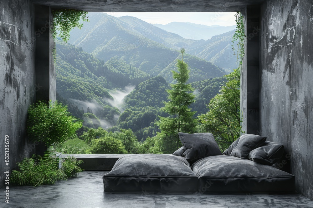Poster scenic mountain view from a cozy room with a large window and green plants, creating a serene and in