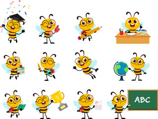 Cute School Bee Cartoon Character. Vector Flat Design Collection Set Isolated On Transparent Background