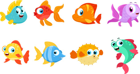 Cute Sea Fish Cartoon Character. Vector Flat Design Collection Set Isolated On Transparent Background