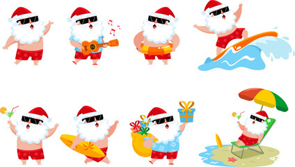 Summer Santa Claus Cartoon Character. Vector Flat Design Collection Set Isolated On Transparent Background