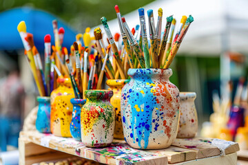 Panting brushes in art class.