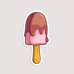 Cartoon sticker for summer design. Vector hand-drawn illustration of ice cream on a stick isolated on white.