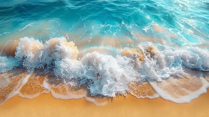 Obraz premium Early morning sunlight paints vibrant blue ocean waves at a tranquil seaside resort, evoking summer vibes.
