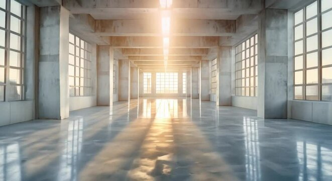 An empty room with white walls and concrete floors. There are several windows on the left side of the room.
