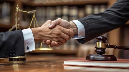Businessperson and lawyer shaking hands over a legal agreement, formal office environment