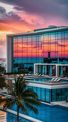 A sleek hotel with glass facades that display the vibrant hues of a sunset