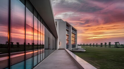 Obraz premium A contemporary hotel with reflective glass walls capturing the vivid colors of the sunset