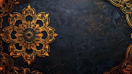 Golden mandala design on black background. The mandala is a symbol of balance and harmony. It is often used in meditation and spiritual practices.