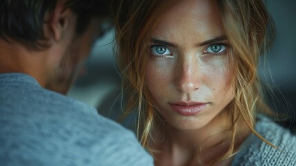 An intense stare from a woman, with a man partially visible, suggests a complex emotional narrative in a close-up portrait - Powered by Adobe