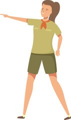 Illustration of a cheerful cartoon scout girl with a red neckerchief pointing confidently