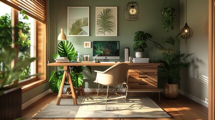 Fototapeta premium A cozy office space with a wooden desk, earth-tone accessories, and green plants adding a touch of nature
