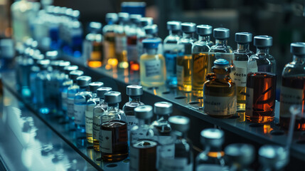 An array of different vaccine vials arranged on a laboratory bench, showcasing the diverse range of medical solutions in a research facility