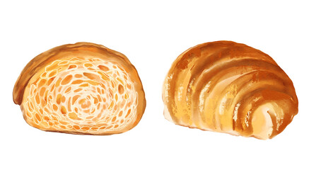 croissant cafe sweets, desserts, bread coffee Kipferl Austria sweet bun isolated Hand drawn illustration on a transparent background