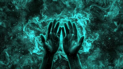Ethereal hands cupped upwards, radiating turquoise light against a cosmic backdrop pulsating with dark energy. (Fantasy art style, surreal, cinematic)