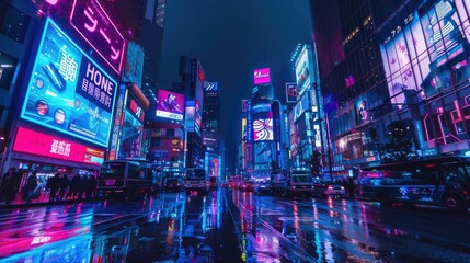 Naklejka premium A futuristic city street at night, illuminated by neon lights and advanced digital advertisements