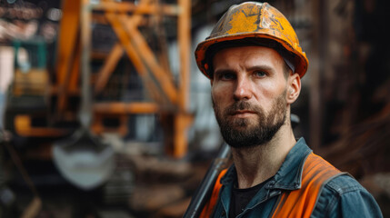 Serious construction worker wearing hard hat at a construction site