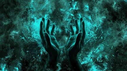 Ethereal hands cupped upwards, radiating turquoise light against a cosmic backdrop pulsating with dark energy. (Fantasy art style, surreal, cinematic)