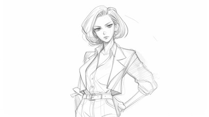 Sketch of a female character with a confident pose and expression. The character has short hair, a sharp jawline, and is wearing a blazer with a belt