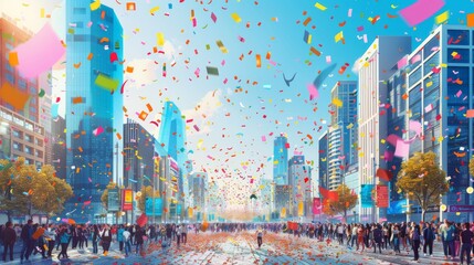 A lively cityscape on New Year Day with colorful confetti falling from the sky and cheerful crowds cartoon Vector Illustration Generative AI