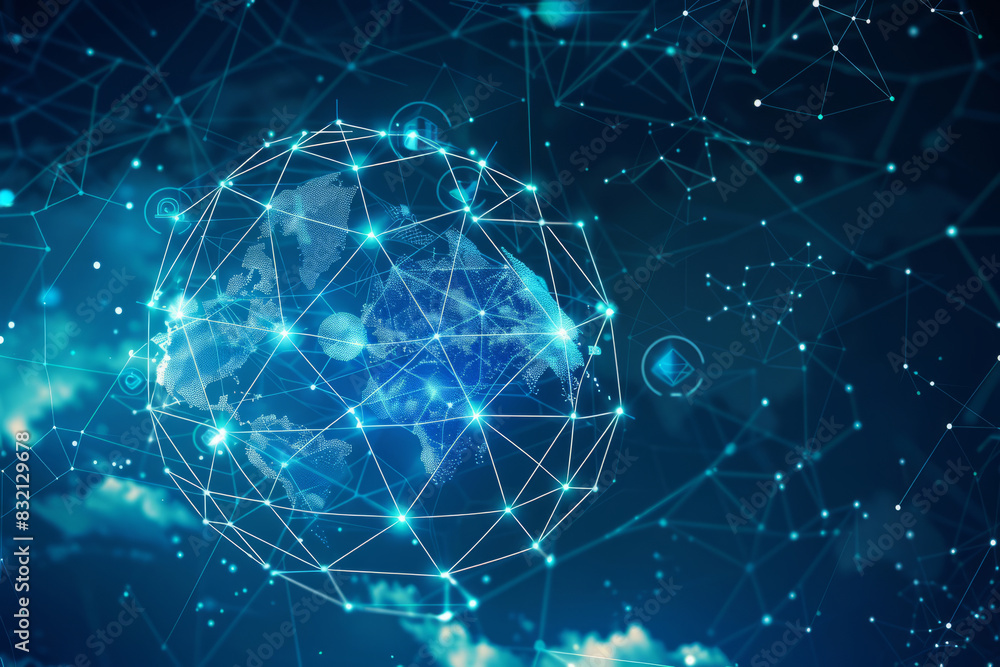 Poster global data network technology concept with glowing connections