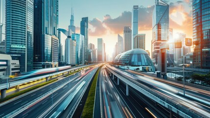 Fototapeta premium A futuristic cityscape with high-tech buildings, green energy solutions, and advanced transportation networks