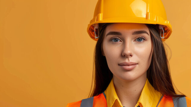 Confident female construction worker in safety gear close-up
