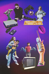 Retro fusion. Stylish young people, men and women in cooperation of iconic gadgets if 90s early...