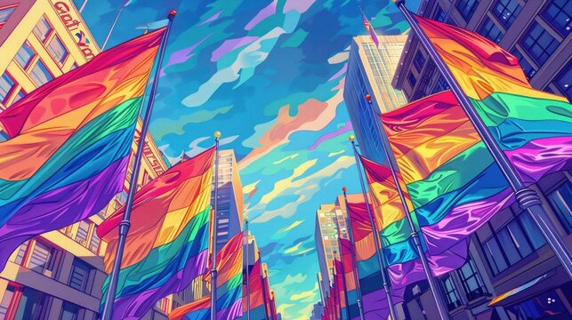Vibrant and Expansive Display of Rainbow Flags Filling the Downtown City Skyline Symbolizing the Unity Pride and Visibility of the LGBTQ Community