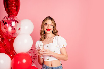 Photo portrait of lovely young woman balloons hold champagne glass dressed stylish white garment...