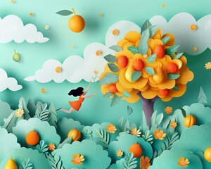 Design a dynamic die-cut graphic showing a giant ripe fruit being plucked from a tree by a whimsical character in mid-air This playful image should convey a sense of fun and excitement, 