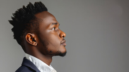 Confident young man in formal attire side profile view against grey background