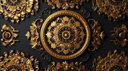 Black marble wall with gold ornate flourishes and a large gold decorative medallion in the center.