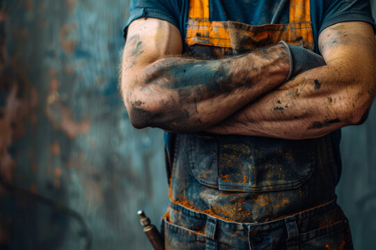 Dirty worker with crossed arms wearing overalls and gloves