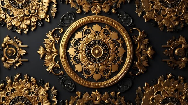 Black marble wall with gold ornate flourishes and a large gold decorative medallion in the center.