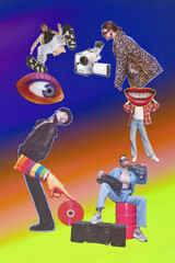 Retro Tech and Fashion Fusion. Mix of technology and fashion with young people, boys and girls...