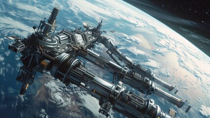 A futuristic space station orbiting Earth, with advanced technology and a view of the planet below