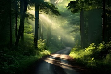 Obraz premium a tranquil forest scene with a curving road bathed in dappled sunlight filtering through dense green foliage.